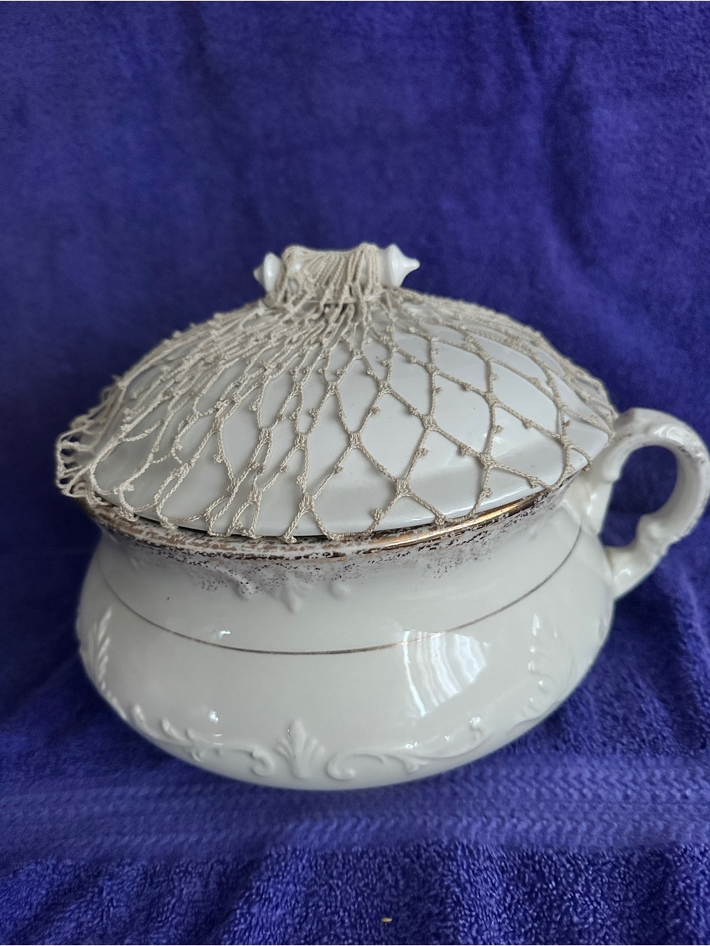 Colonial Chamber Pot With A Cover And Crochet Cover